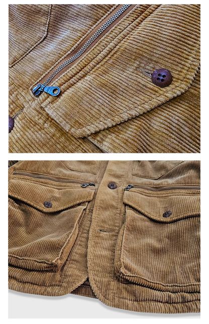 Corduroy Western Hunting Jacket for Men, Washed Multi-Pocket Outdoor Adventure Workwear Retro Windbreaker Jacket