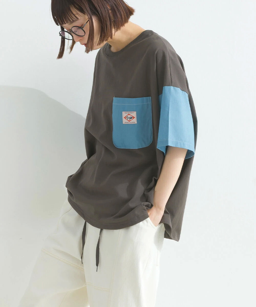 Japanese Style Stitching Denim Pocket Letters Profile T-shirt Designer Loose Casual Summer Patch