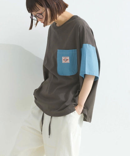 Japanese Style Stitching Denim Pocket Letters Profile T-shirt Designer Loose Casual Summer Patch