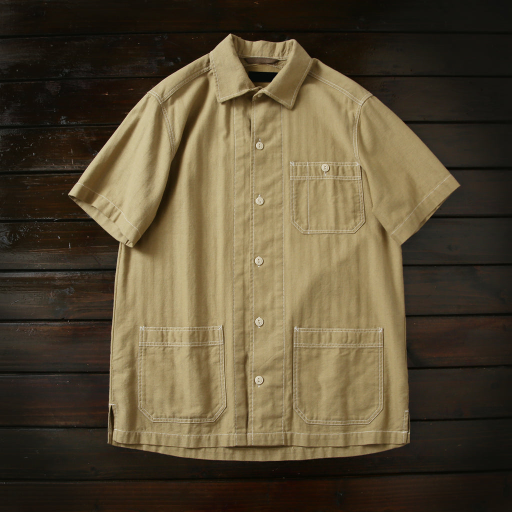 100% Cotton Herringbone Summer Men's Loose Casual Short Sleeve Work Shirt Top