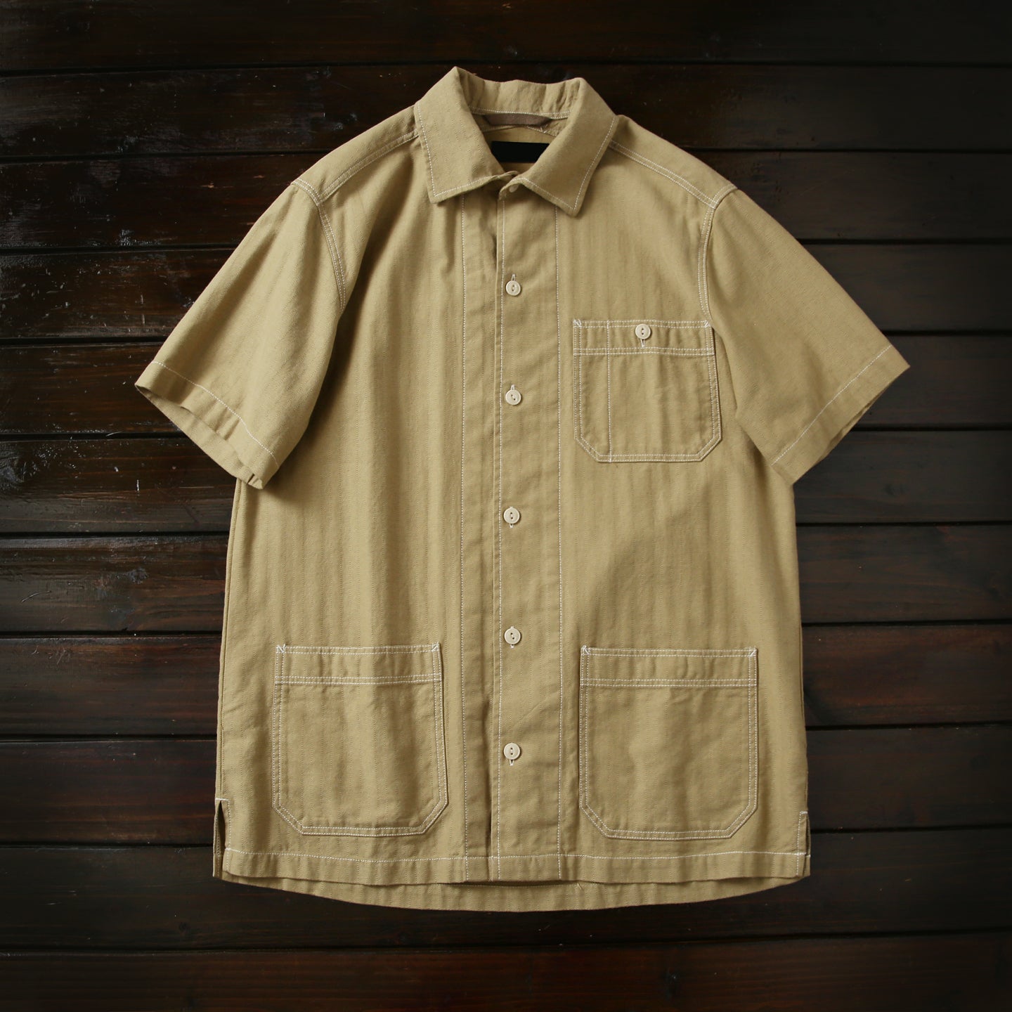 100% Cotton Herringbone Summer Men's Loose Casual Short Sleeve Work Shirt Top