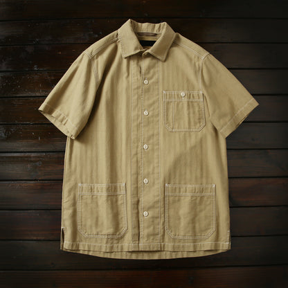 100% Cotton Herringbone Summer Men's Loose Casual Short Sleeve Work Shirt Top