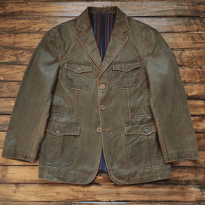 Dry Wax Cloth Hunting Suit Jacket - Vintage American Multi-Pocket Blazer (Men)