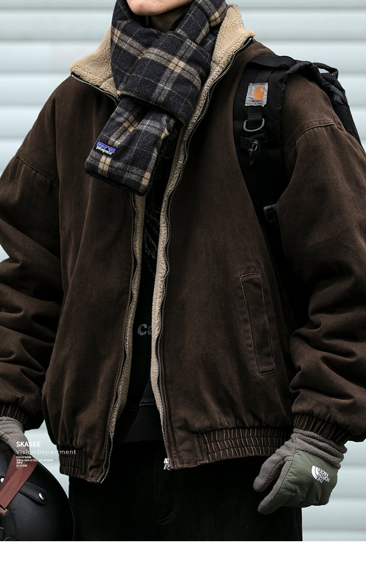 Men's Japanese Retro Lamb Wool Jacket - Thickened Stand Collar Couple Cotton Coat