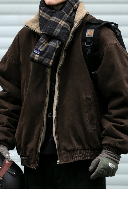 Men's Japanese Retro Lamb Wool Jacket - Thickened Stand Collar Couple Cotton Coat