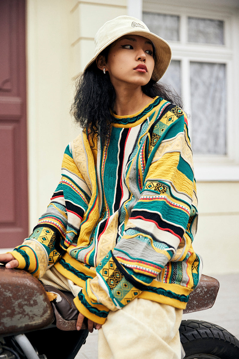 New Year Limited Edition Colorful Egg MEDRIA Retro Sweater Pop Style Bitter Melon Striped Ethnic Pullover Sweater Multi-Color Series