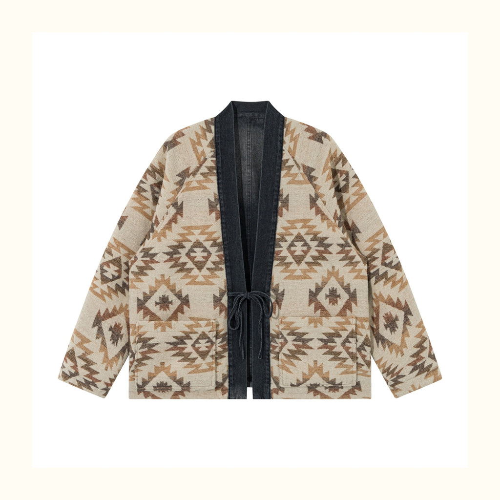 Reversible Ethnic Jacquard “Dao Robe” Denim Cardigan – Oversized Lace-Up Coat for Autumn