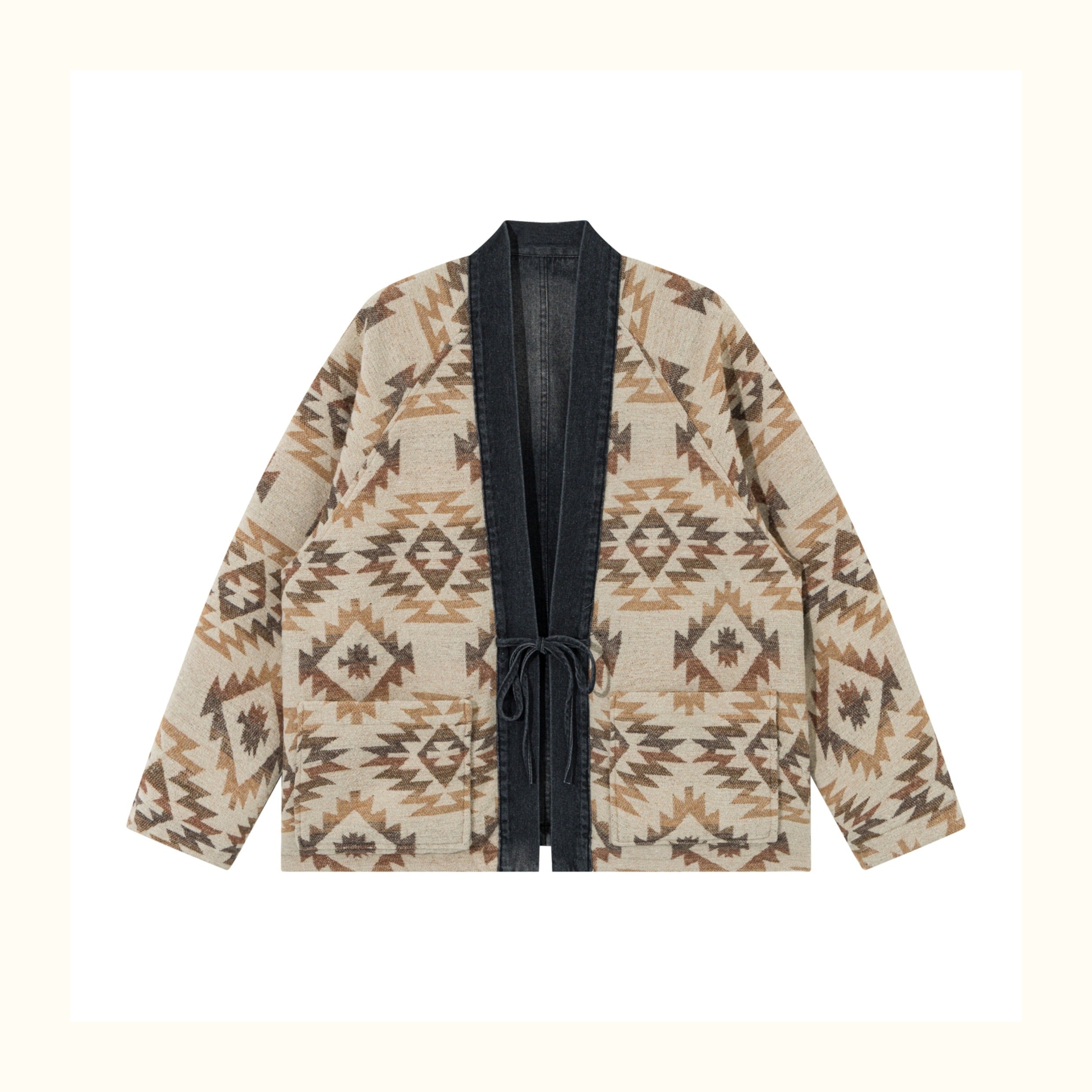Reversible Ethnic Jacquard “Dao Robe” Denim Cardigan – Oversized Lace-Up Coat for Autumn
