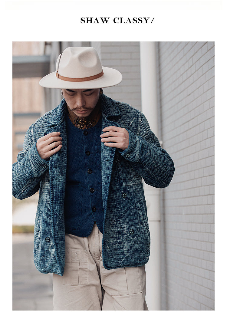 Retro Sashiko Washed Double-Breasted Jacket – Heavy Indigo Denim Workwear (Unisex)