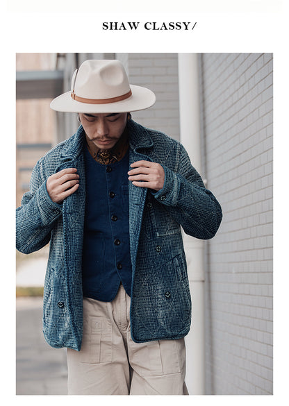 Retro Sashiko Washed Double-Breasted Jacket – Heavy Indigo Denim Workwear (Unisex)