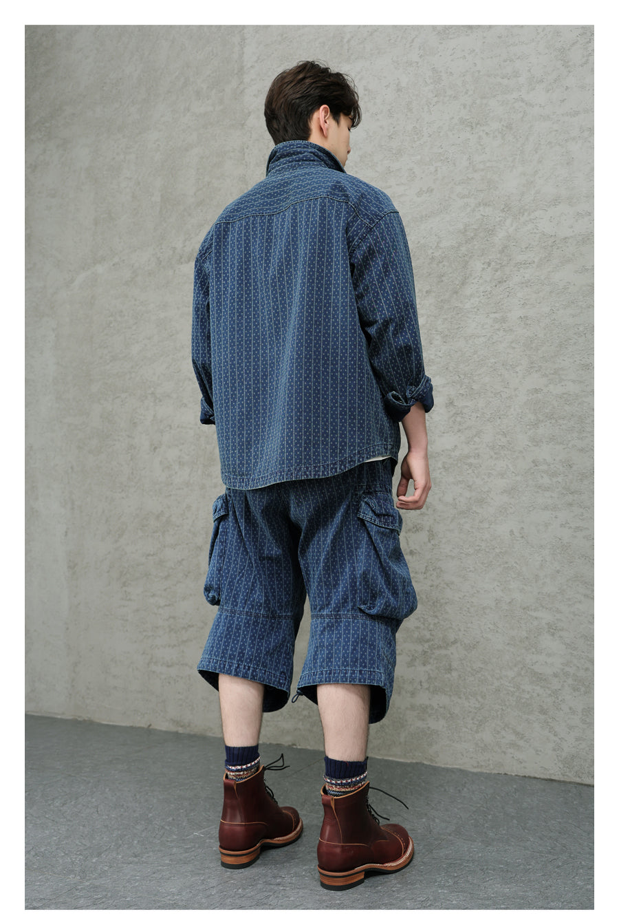 Blue Dyed Jacquard Loose Fit Scimitar Cropped Pants Japanese Retro Style with Large Pockets Casual Mid-Length Shorts