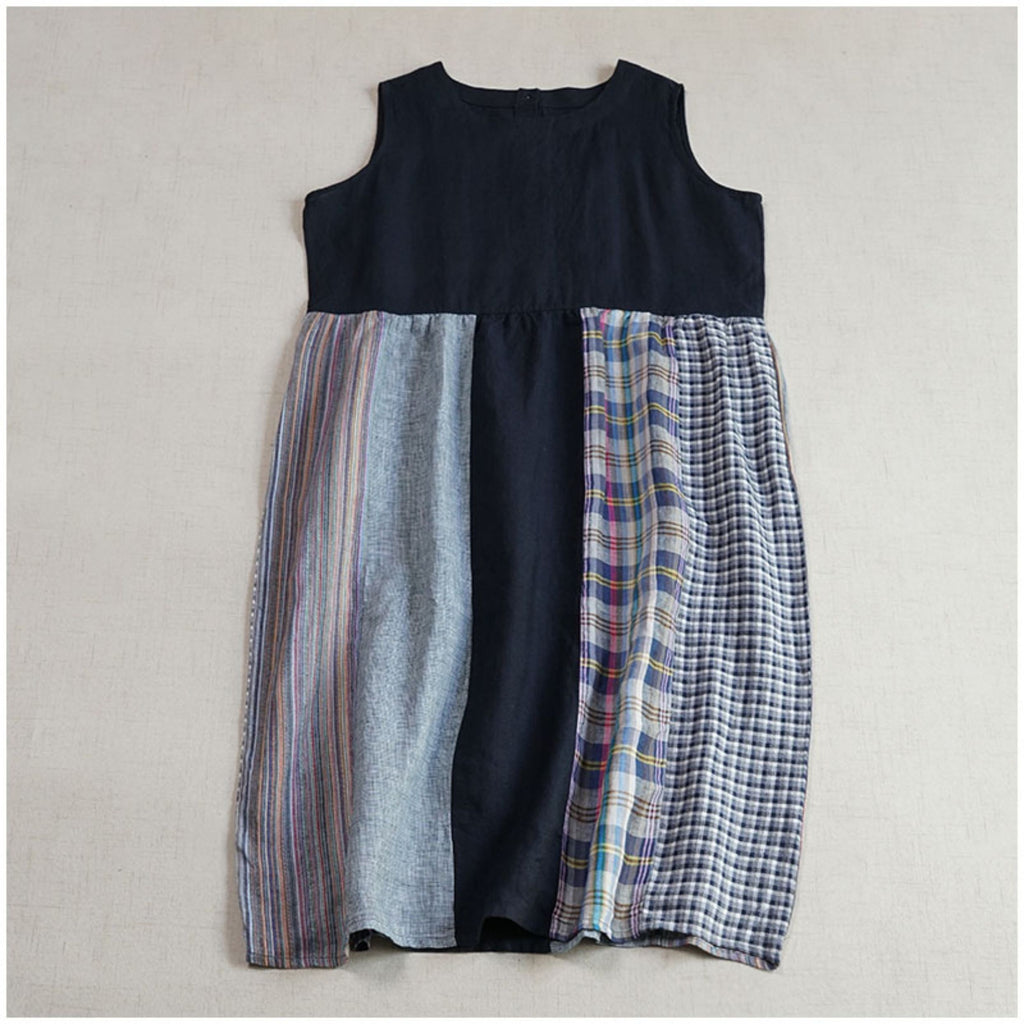 Linen Color-Block Mori Girl Tank Dress – High-Waist, Loose, Round Neck