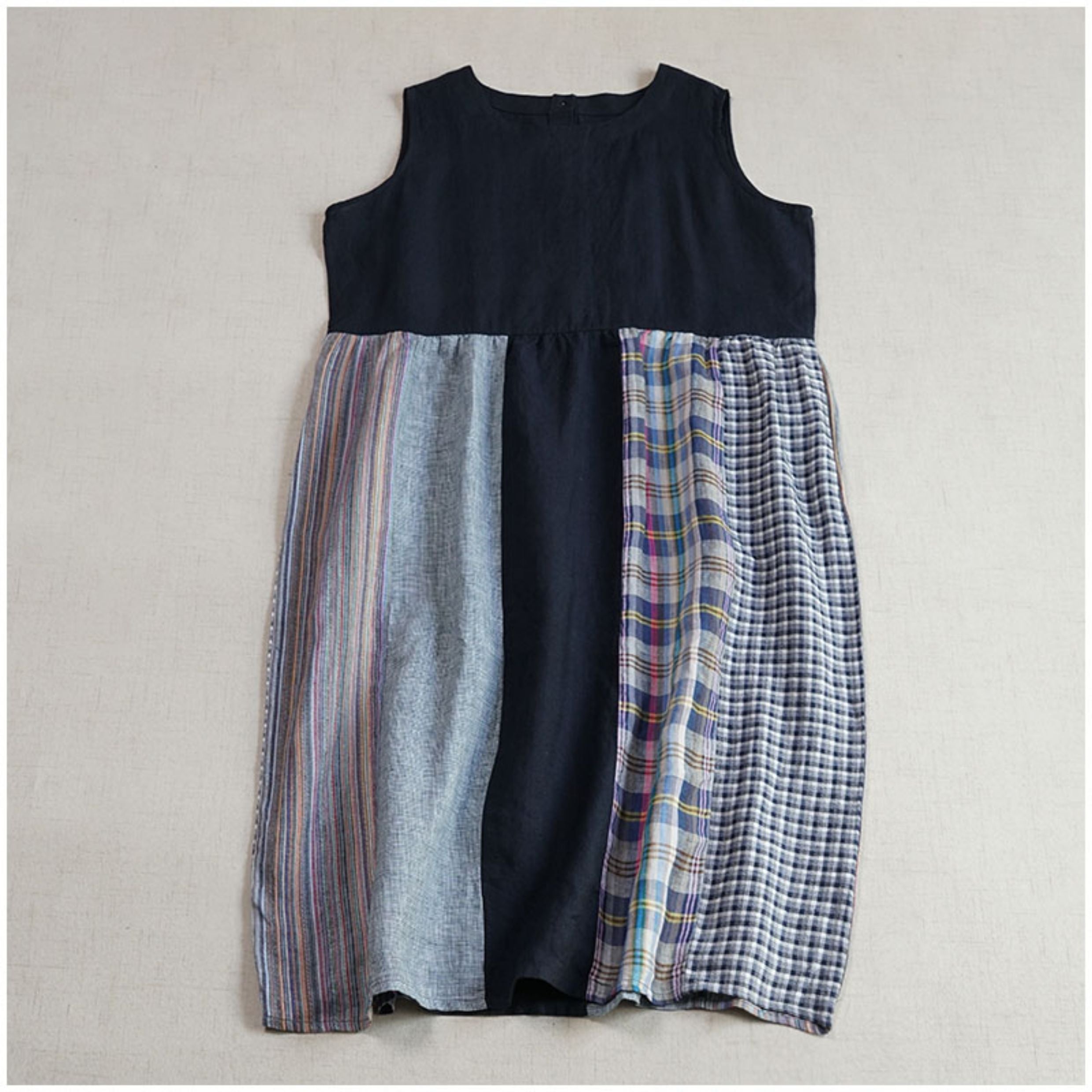 Linen Color-Block Mori Girl Tank Dress – High-Waist, Loose, Round Neck