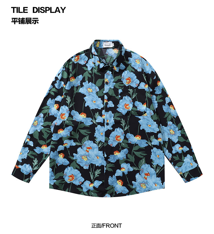 Resort Style Blue Floral Full Print Long Sleeve Shirt for Men 2025 Autumn New Hawaiian Floral Shirt