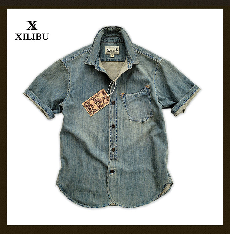 Summer Cotton Denim Short Sleeve Shirt Amekaji Retro Casual New Arrival