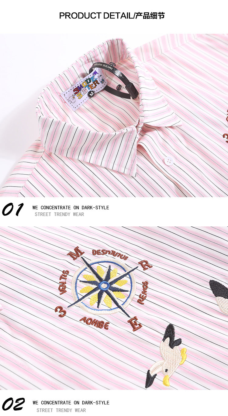 Japanese Style Trendy Cartoon Embroidery Vertical Striped Short Sleeve Shirt for Men Summer Loose Couple Half Sleeve Shirt