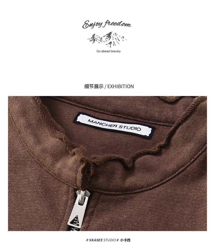 Unisex 465g Washed Vintage Sweatshirt - Boxy Half-Zip Snowflake Knit Pullover