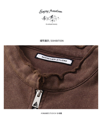 Unisex 465g Washed Vintage Sweatshirt - Boxy Half-Zip Snowflake Knit Pullover