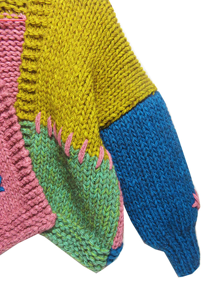 Original Handmade Knitted Lazy Thick Sweater Cardigan for Women Autumn Winter Color Block Patchwork Knitwear