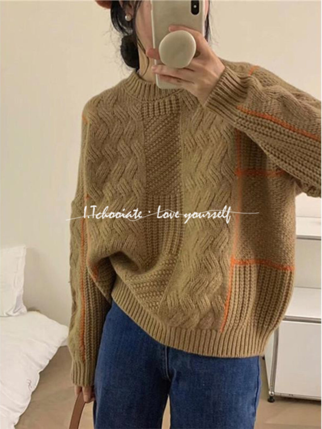 I.Tchooiate Retro Japanese Style Lazy Round Neck Cable Knit Sweater for Women, Thickened Design Top for Autumn and Winter