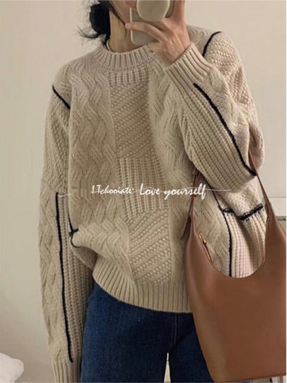 Women's Retro Japanese Style Cable Knit Sweater - Thickened Crew Neck Autumn Winter Top