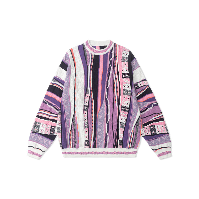 Medria Couple Retro Bitter Melon Stripe Sweater - Autumn Winter Purple Potion Pullover