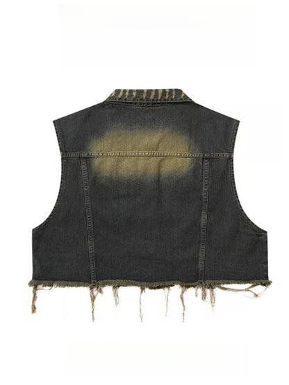 Vintage Distressed Turn-Down Collar Short Fringe Raw Edge Denim Vest Men's Functional Style Workwear Stylish Vintage Vest