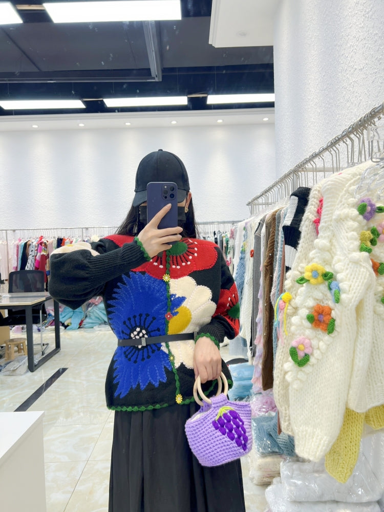 French Style Heavy Embroidery Floral Vintage Knit Sweater for Women 2025 Autumn Winter New Loose Cardigan Coat Trend
