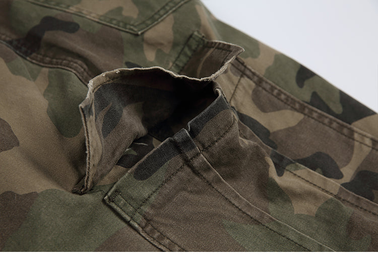 Men's American Street Retro Cargo Pants - Camouflage Heavy Washed Ripped Straight-Leg Pants