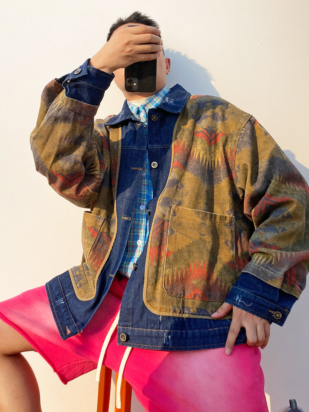 Shanwu Patchwork Blue Lapel Jacket – Retro American Streetwear, Unisex