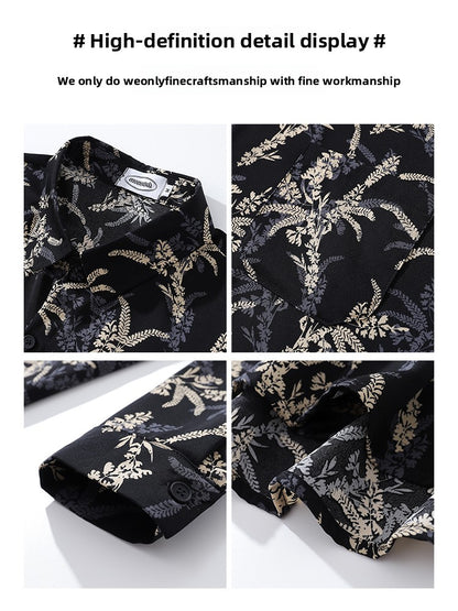 American Style Casual Floral Full Print Long Sleeve Shirt for Men, Loose Beach Shirt Jacket for Autumn