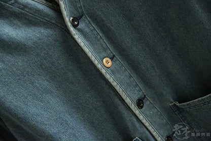 Autumn New Japanese Retro Washed Cotton Men's Casual Versatile Collarless Denim Jacket Coat Trend
