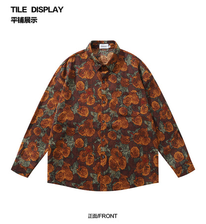American Retro Oil Painting Floral Full Print Long Sleeve Shirt for Men, Autumn Street Style Loose Casual Floral Shirt
