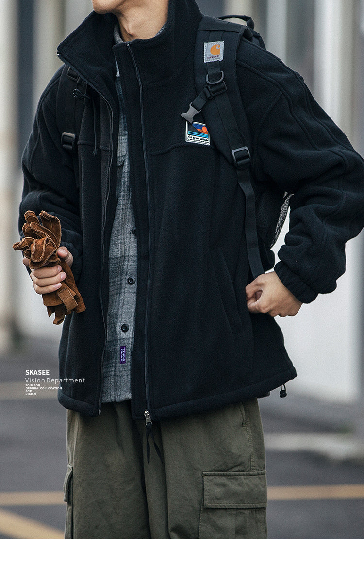 25 Winter Fleece Cardigan Cotton Jacket Men's Trendy Loose Couple Sweatshirt Men's BF Style Stand Collar Casual Top Coat