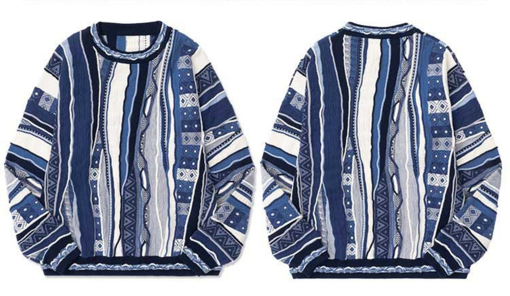 MEDRIA Retro Sweater Pop Style Bitter Melon Striped Ethnic Texture Cleanfit Sweater COOGI Men