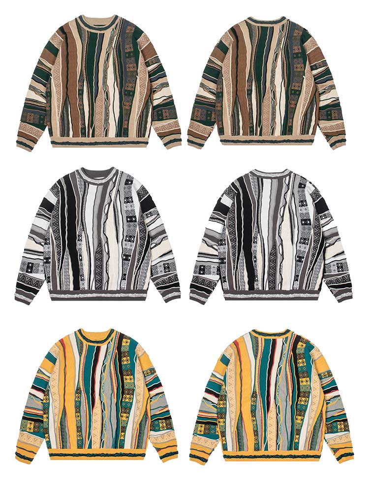New Year Limited Edition Colorful Egg MEDRIA Retro Sweater Pop Style Bitter Melon Striped Ethnic Pullover Sweater Multi-Color Series