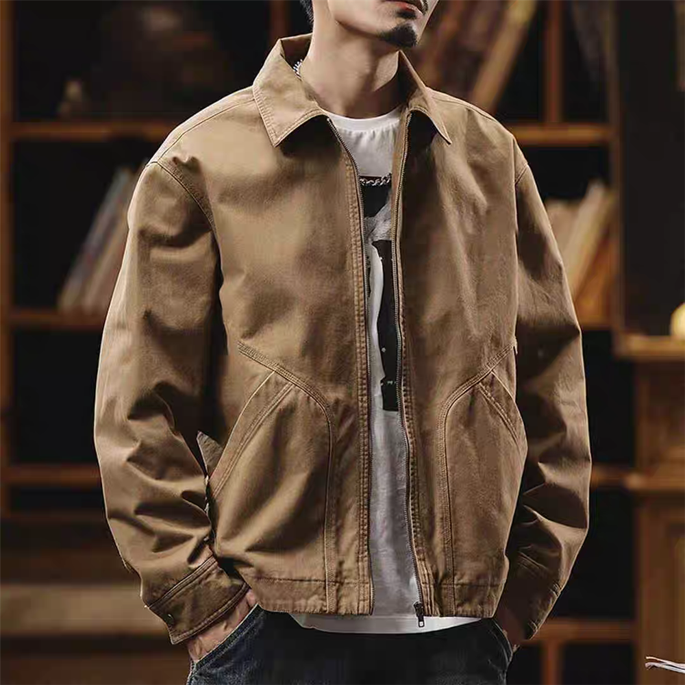 Men's American Retro Workwear Jacket - Autumn Winter Solid Color Pocket Design Casual All-Match Coat