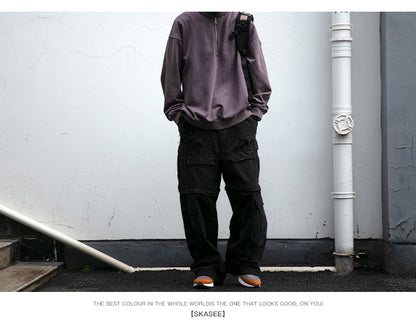 Unisex 465g Washed Vintage Sweatshirt - Boxy Half-Zip Snowflake Knit Pullover