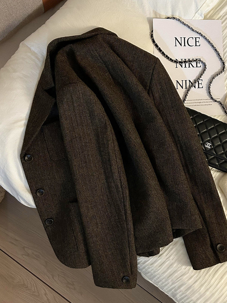 Coffee Retro Herringbone Wool Blazer - High-End Fashion Jacket 2025 (Women)