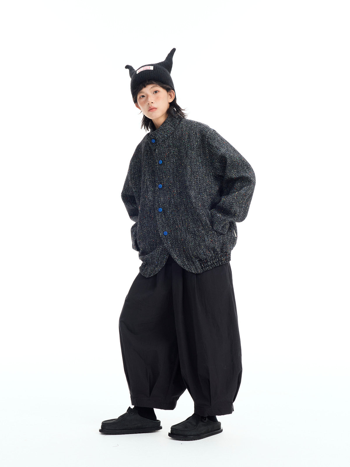 Japanese Retro Color-Block Herringbone Wool Coat - Curved Stand Collar (Women)