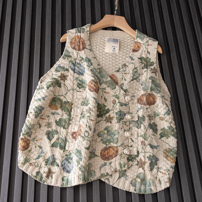 Mori Girl Floral Knitted Sweater Vest – Retro Button Sleeveless Knit
