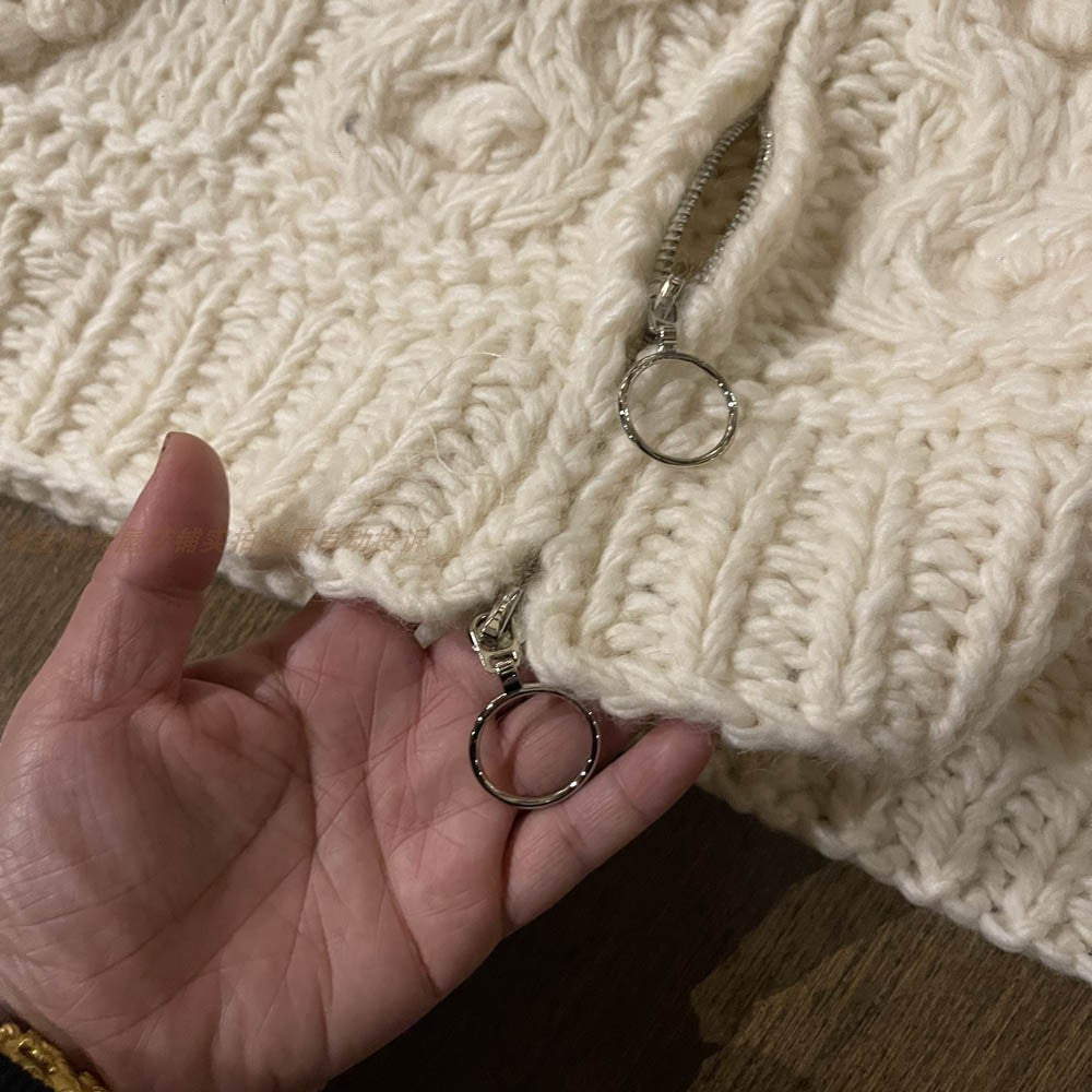 Women's Winter Wool Sweater Coat - Japanese Handmade Thick Yarn Ball Zipper Loose Knitted Top