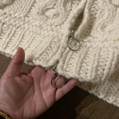 Women's Winter Wool Sweater Coat - Japanese Handmade Thick Yarn Ball Zipper Loose Knitted Top