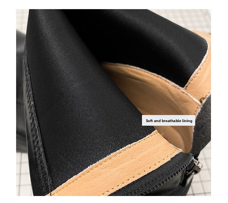 Women's Retro Genuine Leather Martin Boots - Brown Cowhide Thick-Soled Back-Zip Chunky Heel Boots