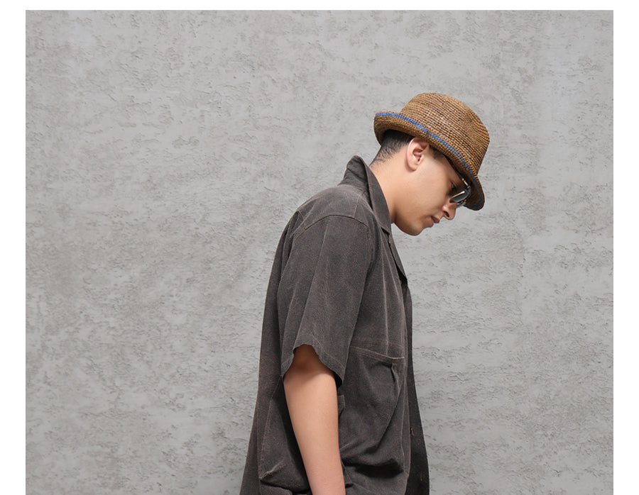 Wild Silk Cuban Collar Half Sleeve Shirt Men's Dye Yam Dyed Tussah Silk Aloha Retro Short Sleeve Shirt Summer