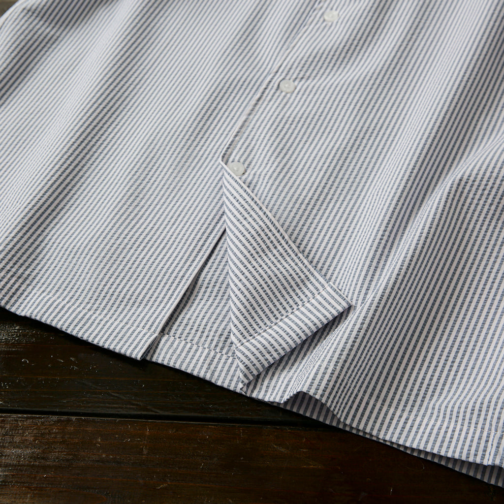 Bubble Gauze Texture 7A Antibacterial Cool Summer Men's Cuban Collar Striped Short Sleeve Shirt Top