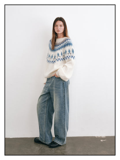 Shyshy Women's Mohair Fair Isle Sweater - High-End Color Block Loose Pullover