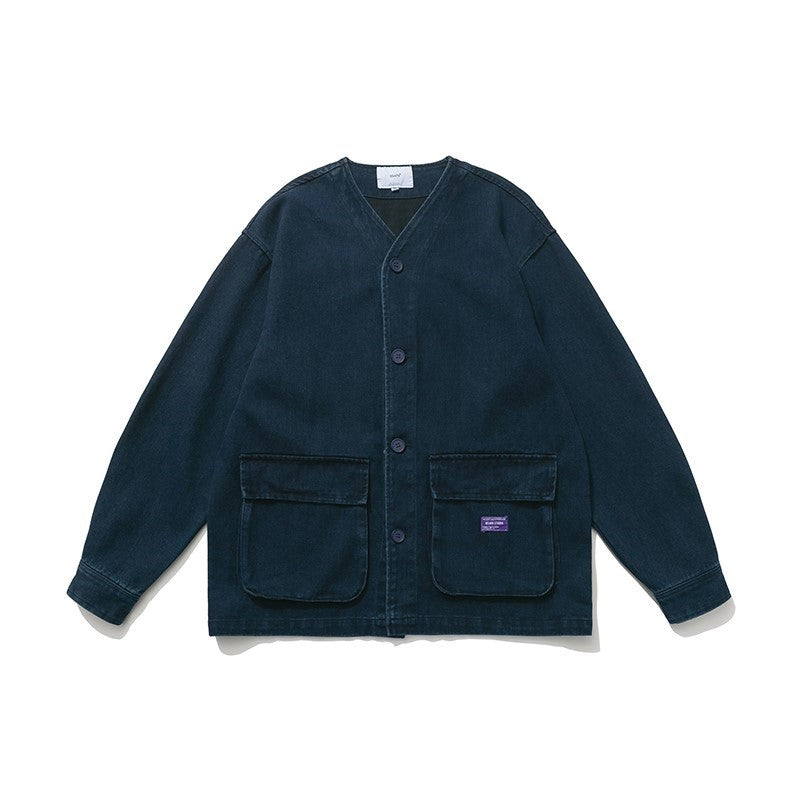 Vintage Washed Denim Collarless Shirt – Japanese Style Long Sleeve (Unisex)