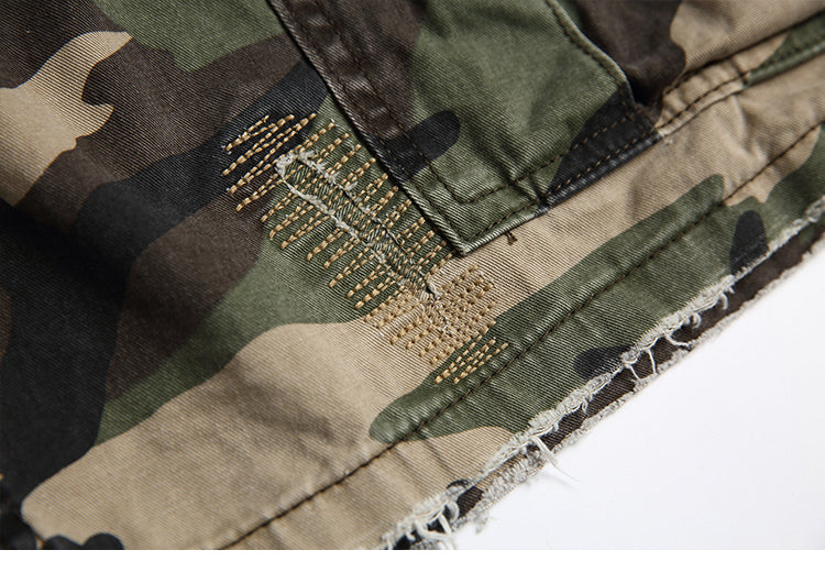 Men's American Street Retro Cargo Pants - Camouflage Heavy Washed Ripped Straight-Leg Pants