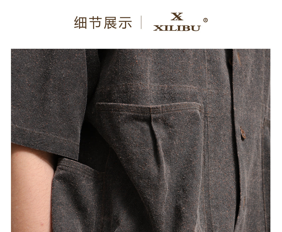 Wild Silk Cuban Collar Half Sleeve Shirt Men's Dye Yam Dyed Tussah Silk Aloha Retro Short Sleeve Shirt Summer